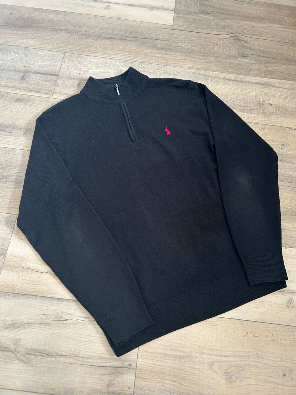 Ralph Lauren Black Quarter-Zip Men's Sweater with Red Polo Logo